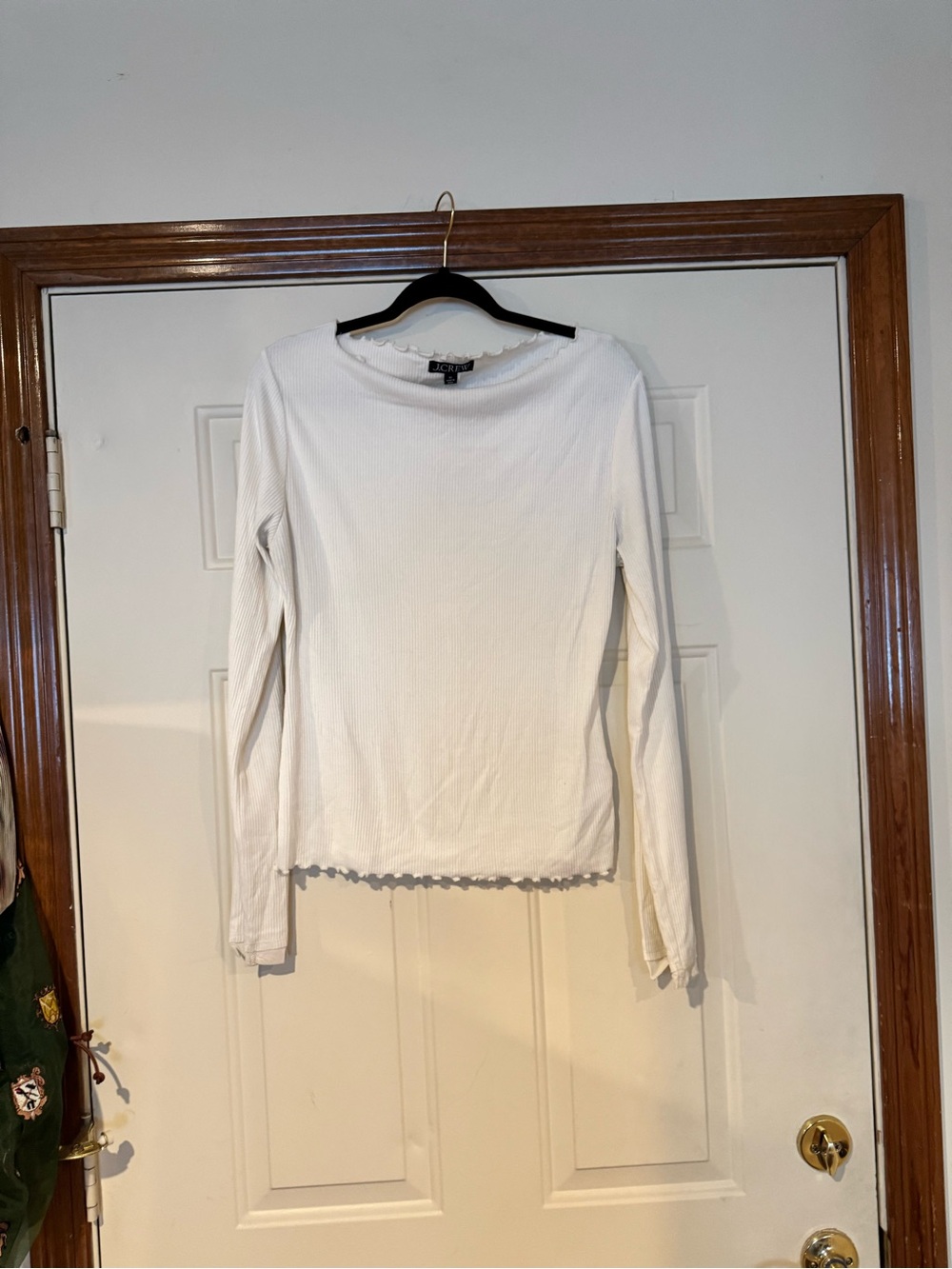 White Long-Sleeve Ribbed Top with Lettuce Hem